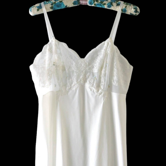 70s White Embroidered Bridal Slip Dress M - Picture 2 of 12